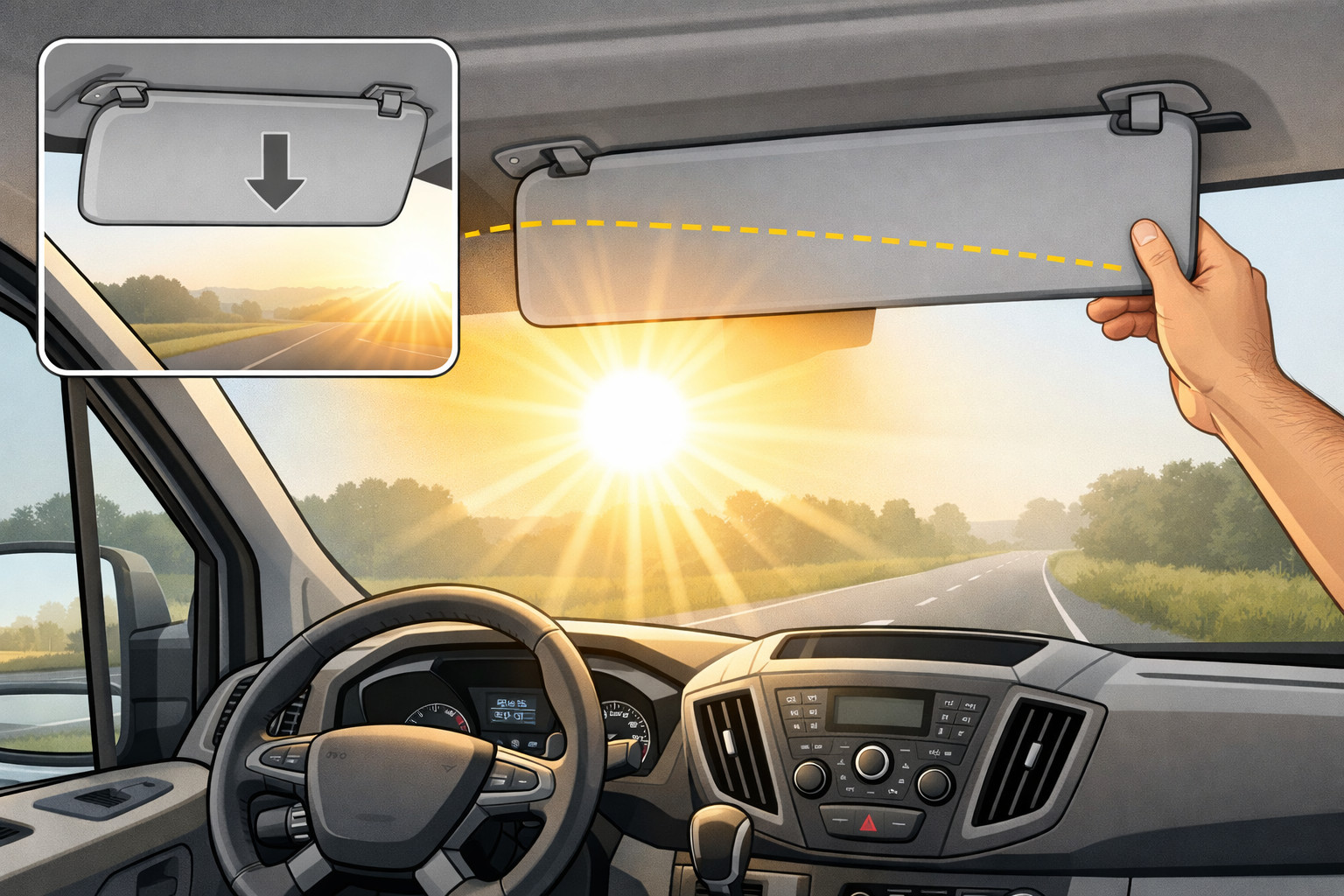 Come ridurre l’abbagliamento sul parabrezza di Ford Transit al mattino
